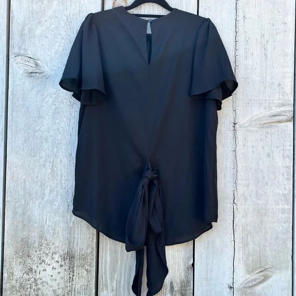 Badgley Mischka black ruffle short sleeve bowtie sash layered lined flowy blouse - Picture 5 of 15